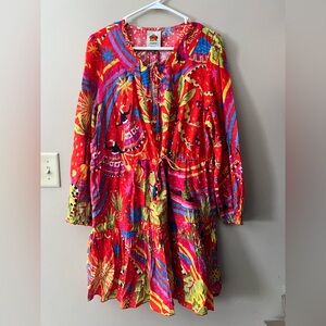 Farm Rio sz L Red Magic Forest mini dress vibrant tropical print tiered details
